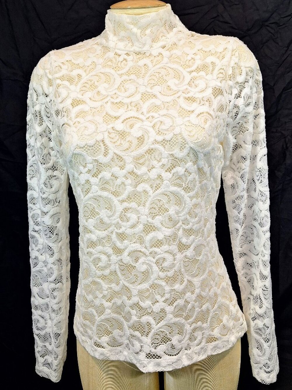 White House Black Market Floral Lace Top Mesh Sheer Shirt High Neck Blouse S NWT